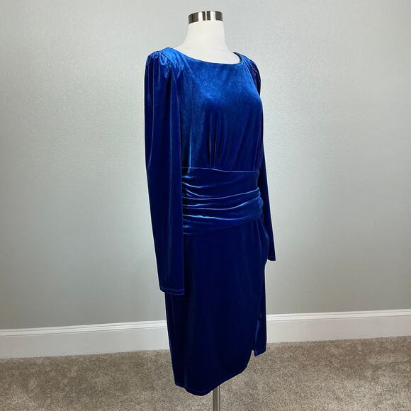 Velvet Long Sleeve Cocktail Dress Blue Size 10 Ralph Lauren Side Slit Sheath - Picture 2 of 14